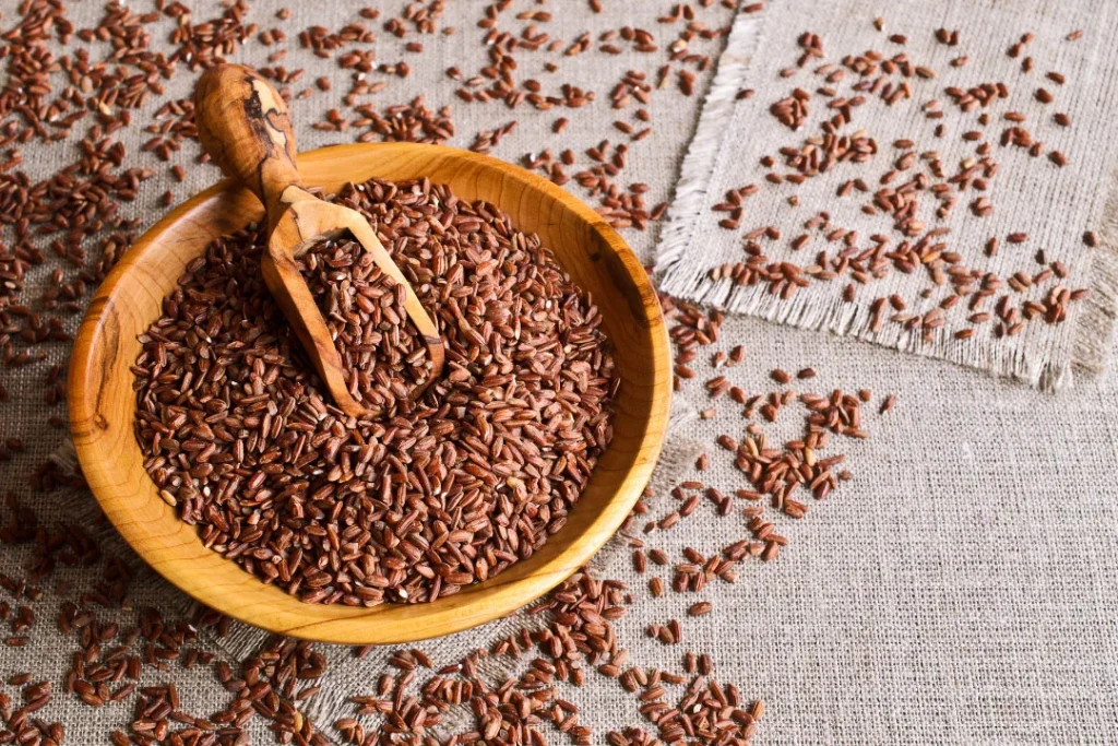 A bowl full of brown rice.